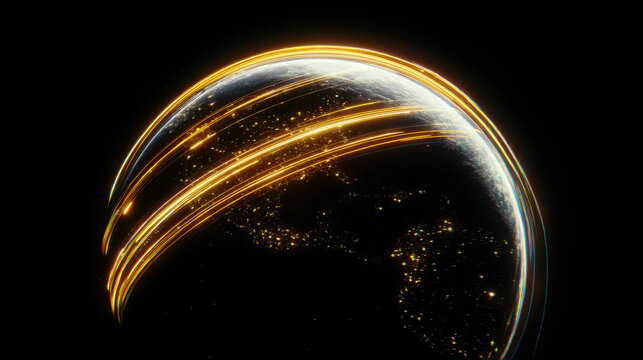 Earth globe with glowing light trails global network