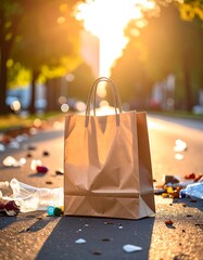 Sunny street scene with a brown paper bag amid litter