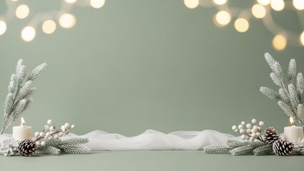 Christmas decorations on a green background with a string of lights.