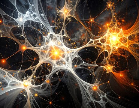 Abstract, glowing web of interconnected structures in dark space