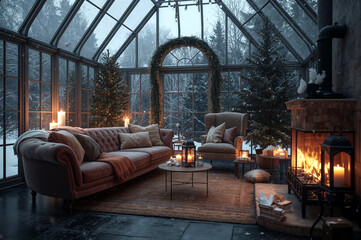 Cozy Winter Conservatory with Lit Fireplace and Snowy View