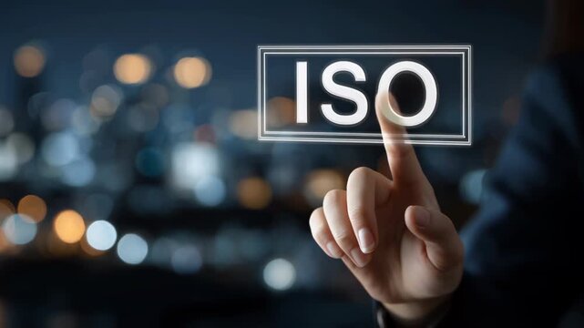 ISO technology concept button glowing on virtual touchscreen with hand and finger pressing, night city bokeh background evoking innovation and control - Powered by Adobe