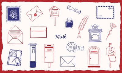 mail post doodle hand drawn illustration collection set