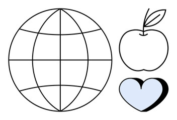 Globe grid symbolizing connection, apple representing health, and heart for love. Ideal for sustainability, health, environment, education, wellbeing global community charity concepts. Clean