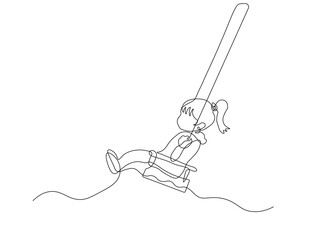 Abstract little girl riding on a rope baby swing, , continuous single one line art hand drawing sketch logo on white background