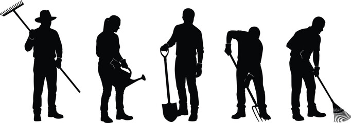 Black Silhouette Vector Set of Gardeners Working with Tools, including Rake, Shovel, Watering Can, and Pitchfork, representing agriculture, landscaping, and outdoor labor. © MD SAKIL