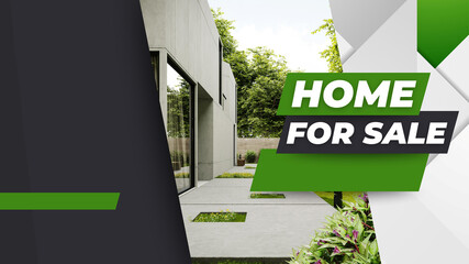 Modern real estate home-for-sale promotional banner featuring contemporary house exterior, clean geometric layout, and bold marketing design for property listings and agency advertising