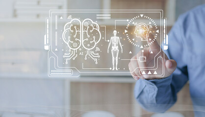  Medical interfaces, AI-driven brain analysis, human anatomy and neurological diagnosis, where hands interact with digital panels, advanced healthcare technologies and intelligent information systems.