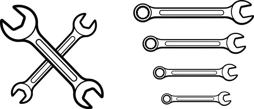 Detailed black and white illustration of crossed wrenches and multiple tool spanners, symbolizing repair, maintenance, mechanics, engineering and professional hardware work