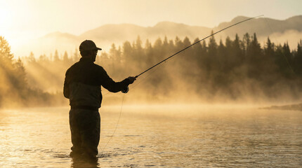 A lone angler casts his line into a serene, misty river during a breathtaking golden sunrise, surrounded by mountains and forests