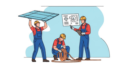 Colorful Construction Worker Outline Set – Lifting Panel, Coiling Cable, Pointing Clipboard Line Art