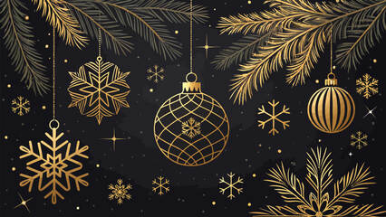 Christmas elegant christmas design with golden ornaments snowflakes and fir branches on black background