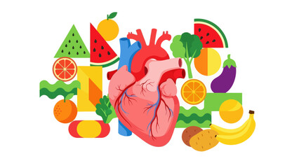 Stylized illustration of a human heart surrounded by a variety of colorful fruits and vegetables, representing healthy eating and cardiovascular well-being.