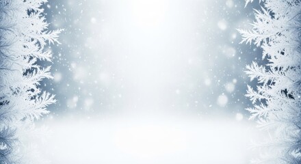 A snowy winter landscape with snowflakes and frost patterns on a window.