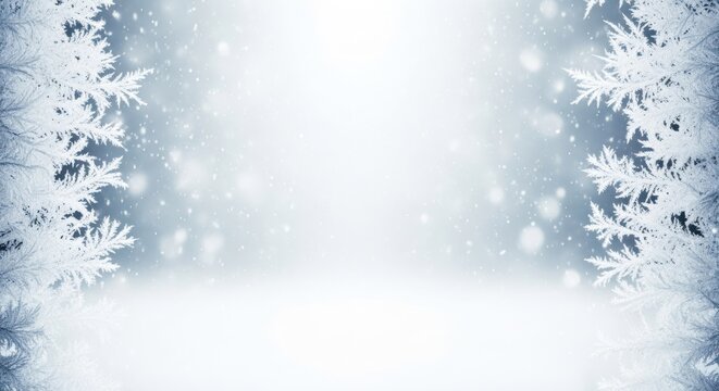 A snowy winter landscape with snowflakes and frost patterns on a window. - Powered by Adobe