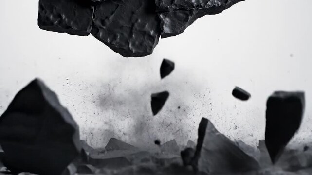 Dynamic Fracture: Captured in stark monochrome, the image encapsulates the raw energy of fracture, showcasing fragmented rock pieces suspended in mid-air. The visual narrative speaks volumes. 