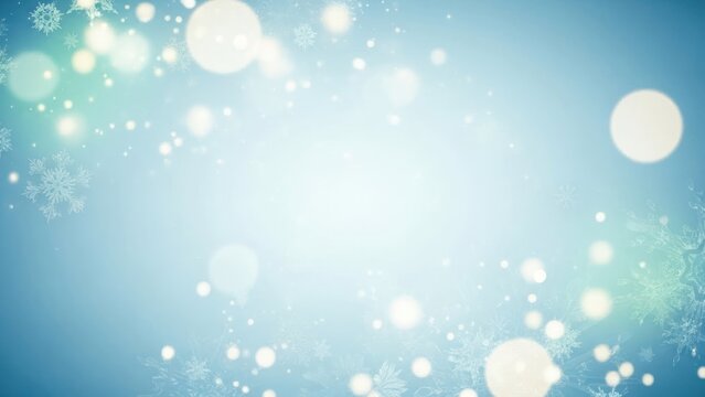 A blue and white Christmas background with snowflakes and bokeh lights.