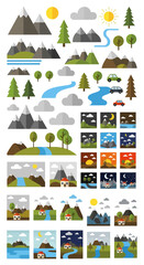 Fototapeta premium Set of charming natural landscape icons in a modern flat design style, depicting serene mountains, green hills, lush forests, and winding rivers, suitable for diverse creative applications