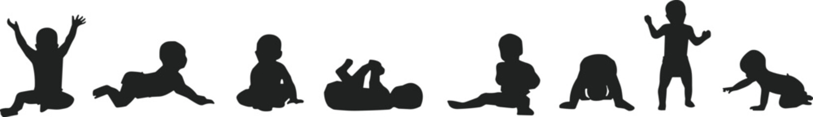 Vector collection of black silhouettes featuring cute babies and toddlers crawling sitting and walking isolated on a white background