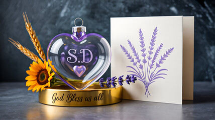 Heart-Shaped Perfume Bottle with Lavender and Sunflower on Wooden Tray &ndash; Photorealistic 8K