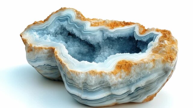 Geode slice, blue crystal interior, layered rock formation, on white