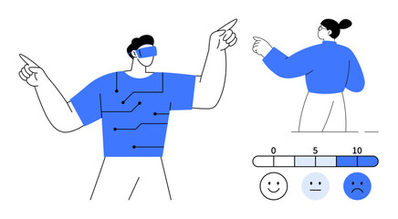 Person using VR headset connected to circuits and another pointing, accompanied by satisfaction scale. Ideal for technology, innovation, UX design, feedback, emotions, virtual reality, digital tools