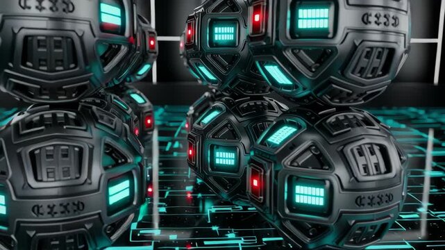 Quantum computing processing future technology innovation science physics algorithm network data speed ai glowing metal spheres illuminated panels red status lights evoke advanced lab robotic core