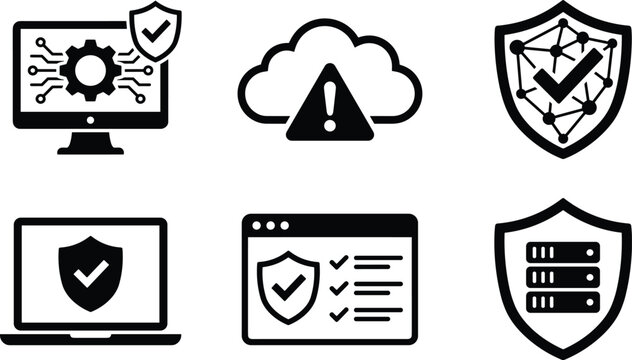 Collection of cybersecurity protection icons showing secure devices, cloud security alerts, data shield symbols, network protection and cyber safety concepts