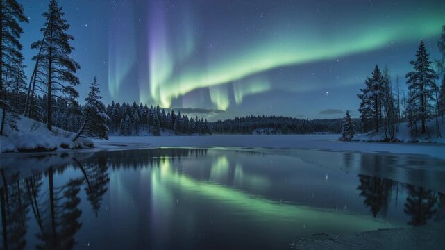 Stunning Northern Lights over a serene snow-covered forest and frozen lake at night, reflecting vibrant green and purple auroras in the still water, surrounded by tall pine trees under a starry sky