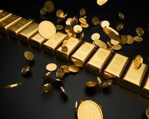 gold bitcoins and bars on the table