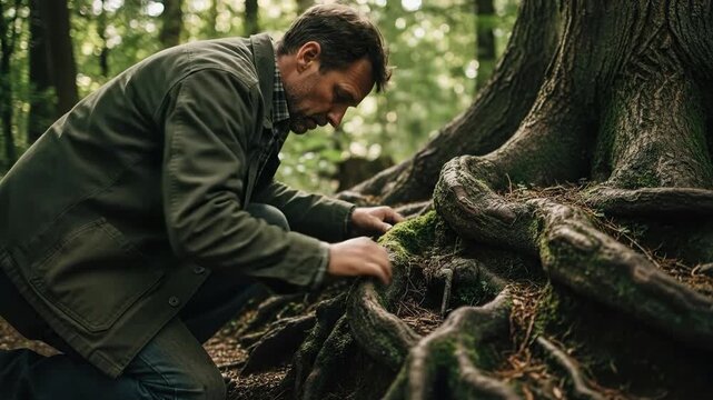 Man examining tree roots outdoors