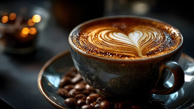 Foamy heart latte art in ceramic cup with roasted beans on saucer and soft candlelight, perfect for café branding, social media - Powered by Adobe