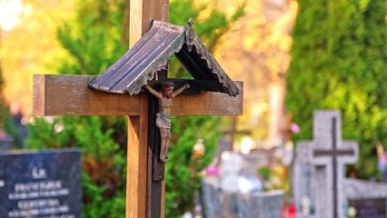 Christian Cemetery Grave Tombstone Old Wooden Crucifix with Jesus Figurine