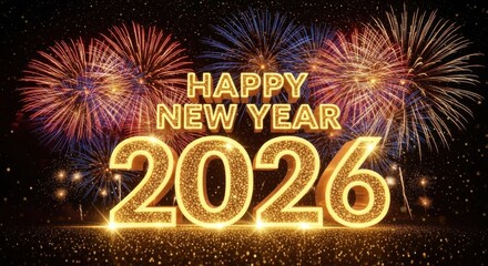 Festive fireworks burst behind "Happy New Year 2026" text with sparkling, gold effect