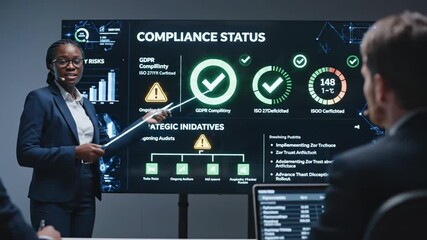 A businesswoman presents compliance data on a screen to a group of people - Powered by Adobe