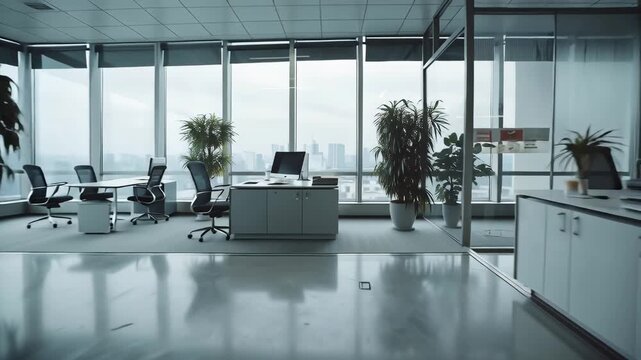 Modern Office Space with City View Clean and Professional Workspace