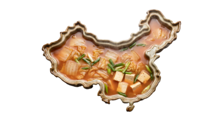PNG cut out isolated background. A conceptual top-down view of a ceramic bowl shaped like the map of China, filled with a spicy red broth containing tofu cubes and napa cabbage.