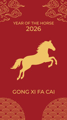 Luxurious Golden Horse Symbol on Deep Red Background Featuring Curved Oriental Cloud Patterns for Lunar Celebration 2026