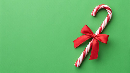 Colorful candy cane with a red bow on a green background for festive decorations and holiday celebrations with copy space greeting card