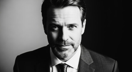 A sophisticated business man in a classic suit. The photo, in captivating black and white, exudes confidence and professional charm.