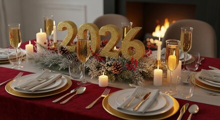 Festive table setting for 2026 with champagne and fireplace ambiance