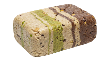 PNG cut out isolated background. A studio shot of a rectangular block of marbled halva, a traditional Middle Eastern confection.