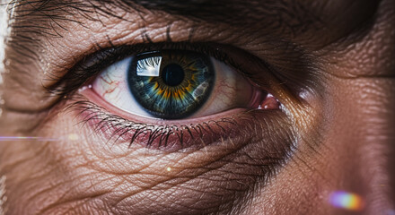 Obraz premium A close-up view captures the mesmerizing gaze of an eye, the window to the soul, reflecting depth of experiences and emotions. Intricate details of the iris and surrounding skin tell a story of time.