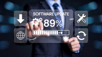 Software update in progress with businessman pressing a button for a fast and secure technology solution at 89 percent complete