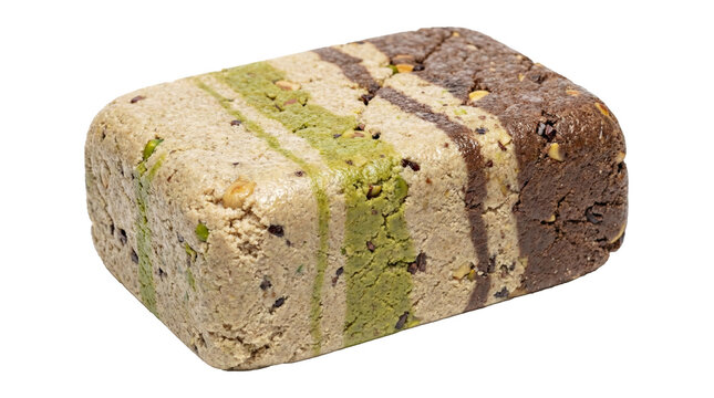 PNG cut out isolated background. A studio shot of a rectangular block of marbled halva, a traditional Middle Eastern confection.