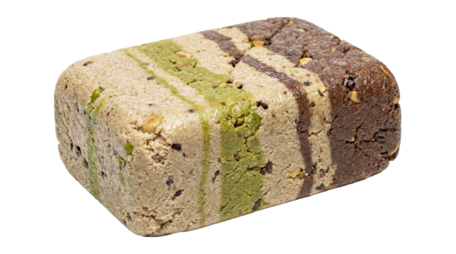 PNG cut out isolated background. A studio shot of a rectangular block of marbled halva, a traditional Middle Eastern confection.