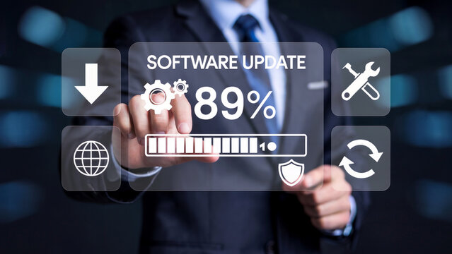 Software update in progress with businessman pressing a button for a fast and secure technology solution at 89 percent complete - Powered by Adobe