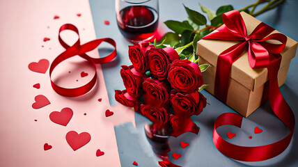 Crimson Rose Bouquet with Hearts, Red Wine, and Gift Box on Soft Background