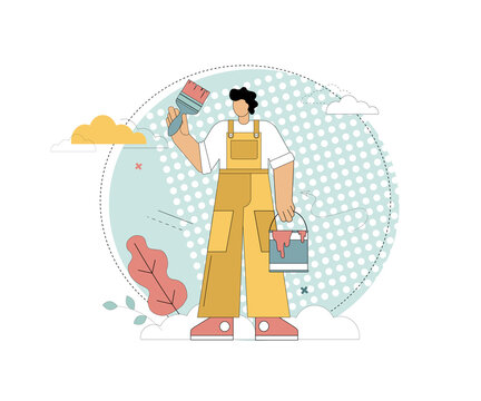 Painter. A man with a brush and a bucket of paint. Concept of repair and painting work. Vector flat illustration