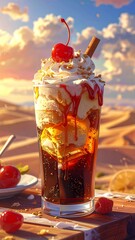 Tall glass filled with ice cream, cherries, whipped cream and a stick